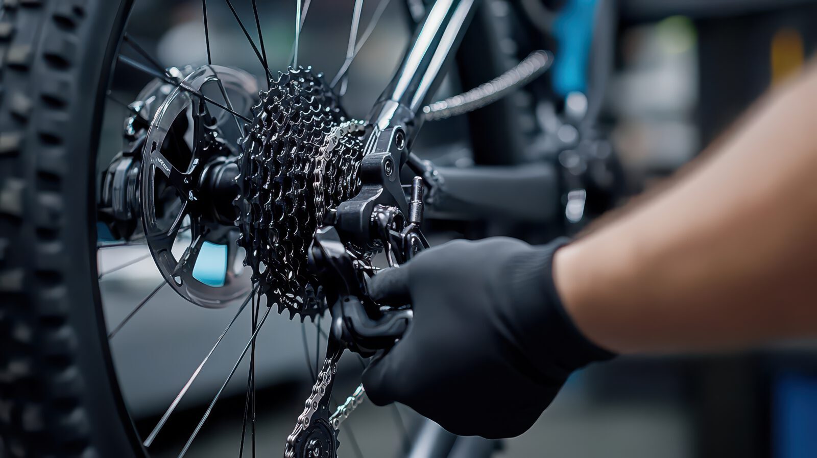 Skilled Male Bicycle Mechanic Fine Tuning Mountain Bike Gears in a Cozy Repair Shop Setting
